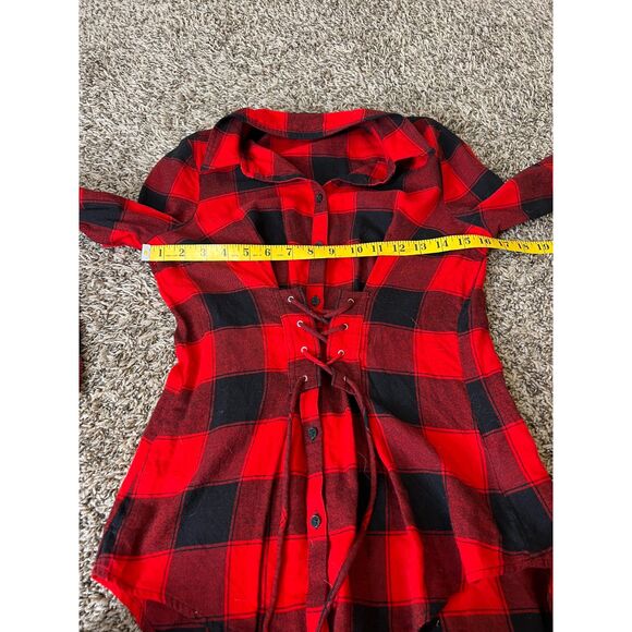 Express Red Black Buffalo Plaid Corset Style Flannel Top Womens XS Grunge Goth - Picture 7 of 8